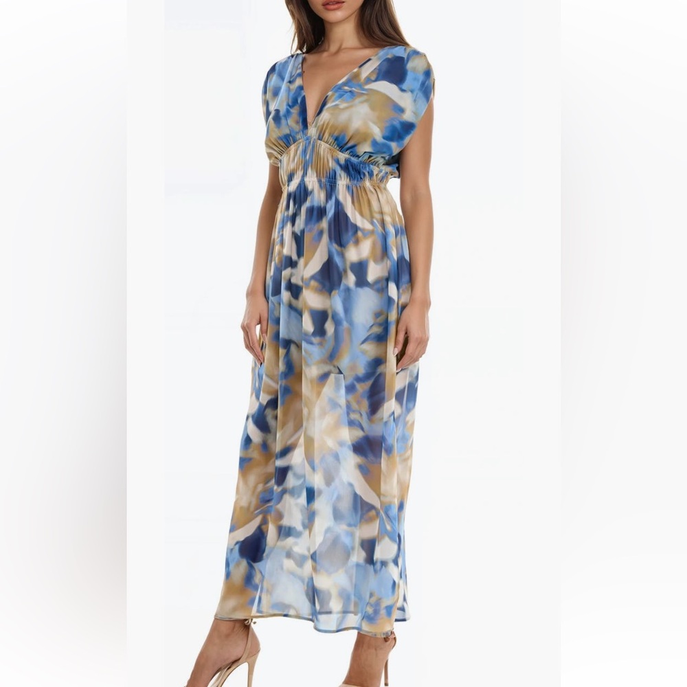 NWT maxi dress blue tan chiffon overlay high empire waist deep plunge flowy